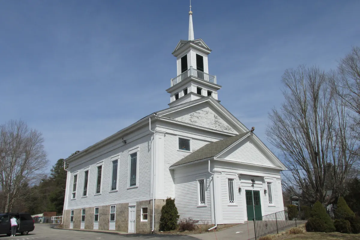 White steepled First Baptist Church in Hope Valley